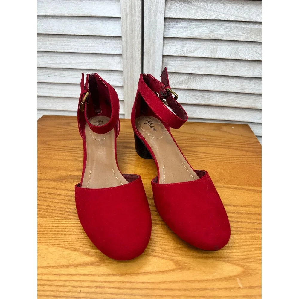Style & Co Ankle Strap Heels 10 Red Women Faux Suede Block Heel
